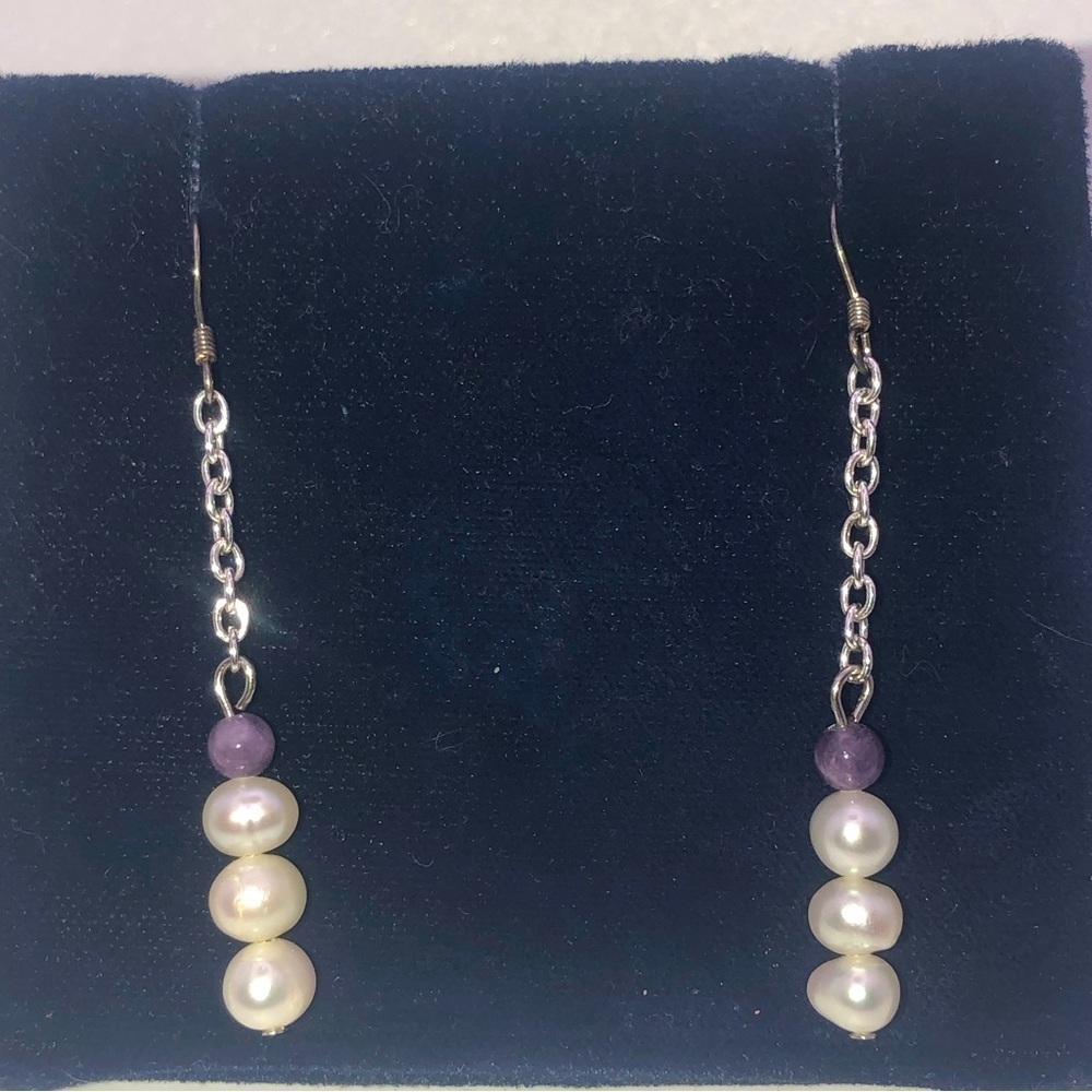 𝅺vtg Sterling Amethyst & Freshwater Pearl Chain Dangle Earrings 2”